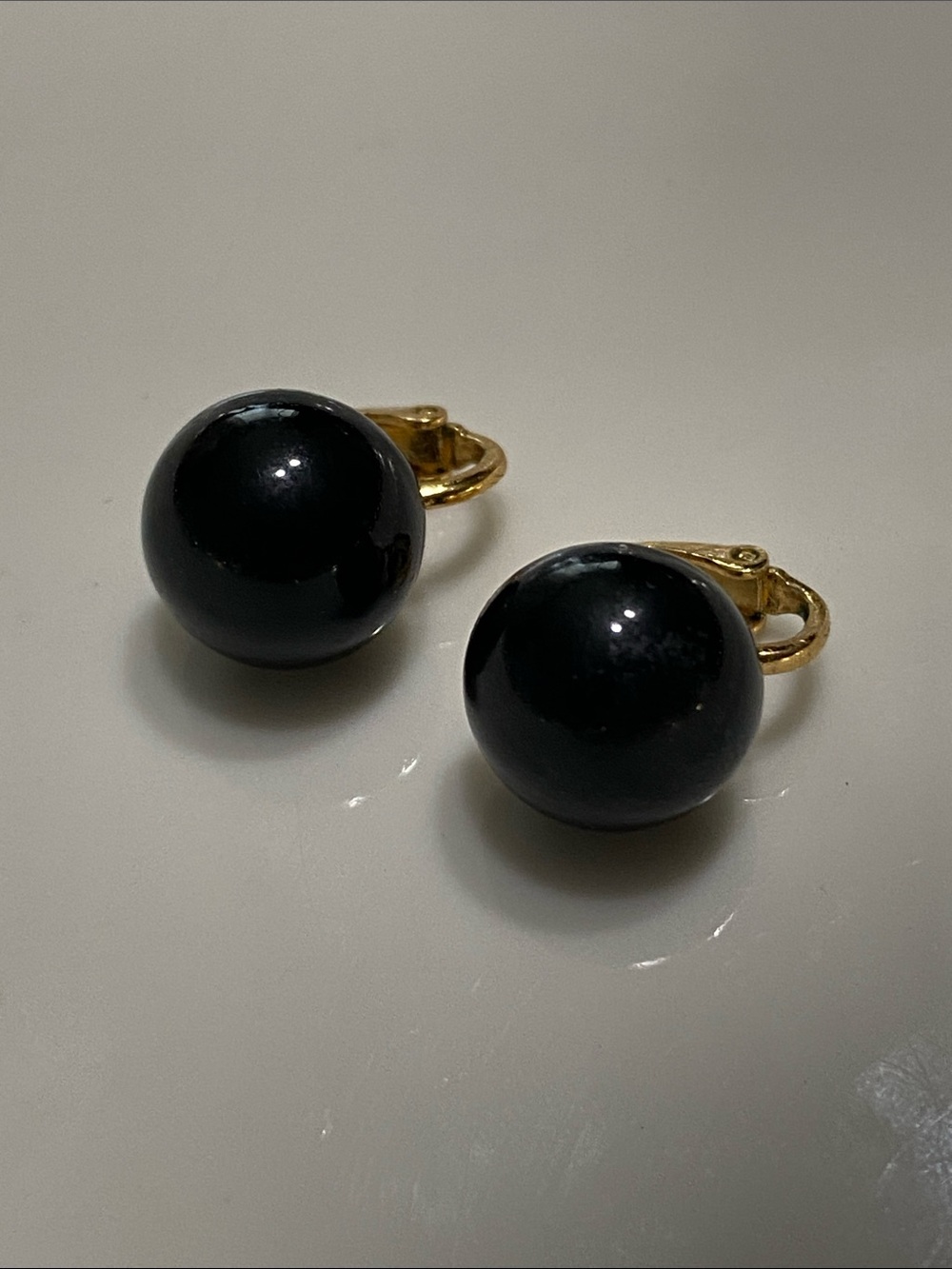 VTG Crown Trifari Black Dome Clip-On Earrings with Gold Tone Clips